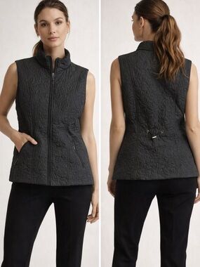 Womens Olive Green Quilted Vest XL Zip Up Lightweight Puffer Jacket Floral